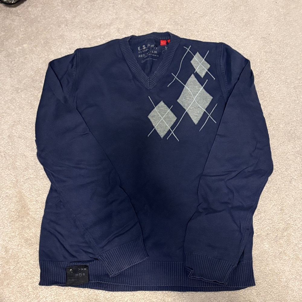 Esprit Dark Blue V-Neck Sweater with Argyle Design